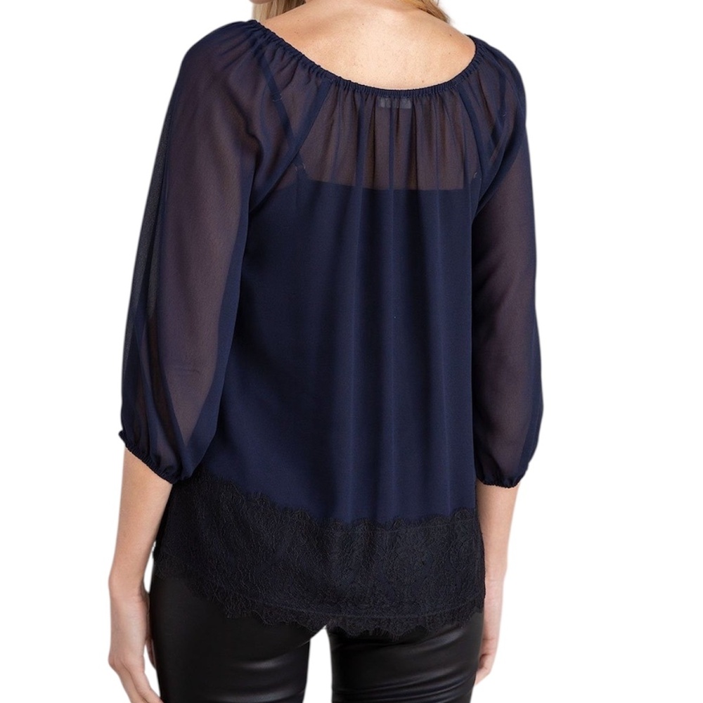 lovestitch Gather Lace Sheer Boho Blouse - Navy Blue & Black Size S - Picture 2 of 9